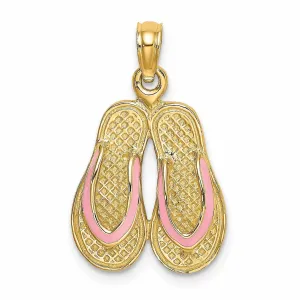 14k  Yellow Gold 3-Dimensional Polished Pink Color Enamel Finish Double Flip-Flop Sandal Charm Pendant