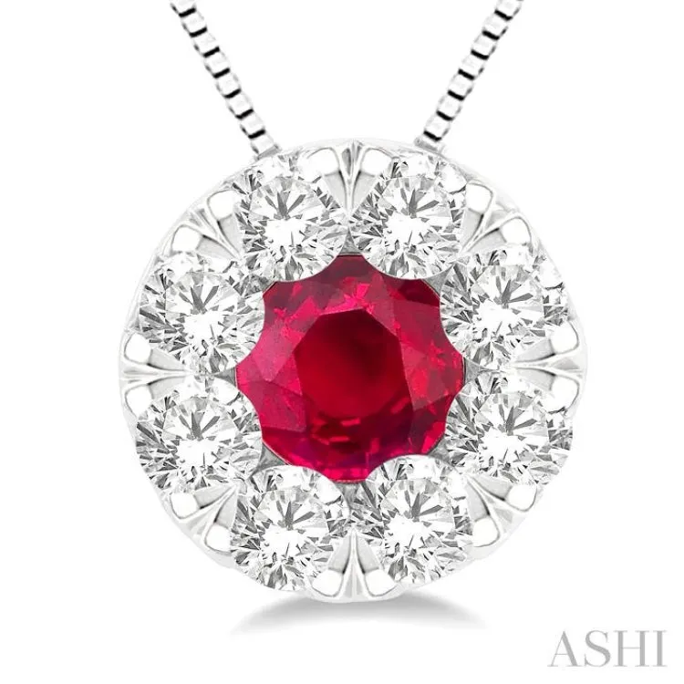 1/3 ctw Round Cut and 3.8MM Ruby Cut Lovebright Diamond Precious Pendant With Chain in 14K White Gold