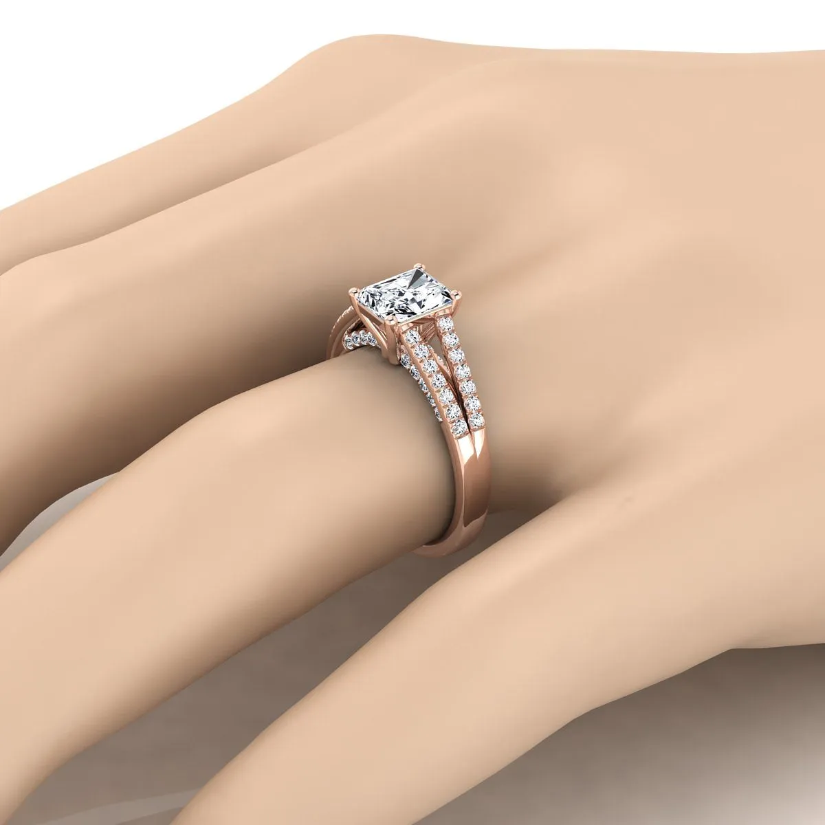 14K Rose Gold Radiant Cut Center Diamond Split Shank French Pave Engagement Ring -1/3ctw