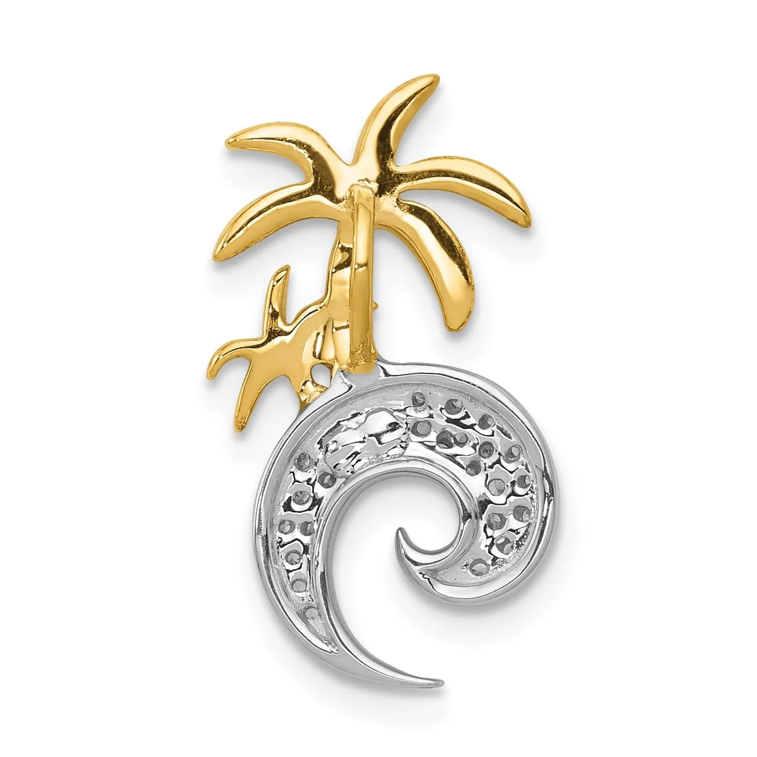 14k Two Tone Gold with Diamonds Concave Shape  Double Palm Tree on Wave Design Chain Slide Pendant will not fit omega