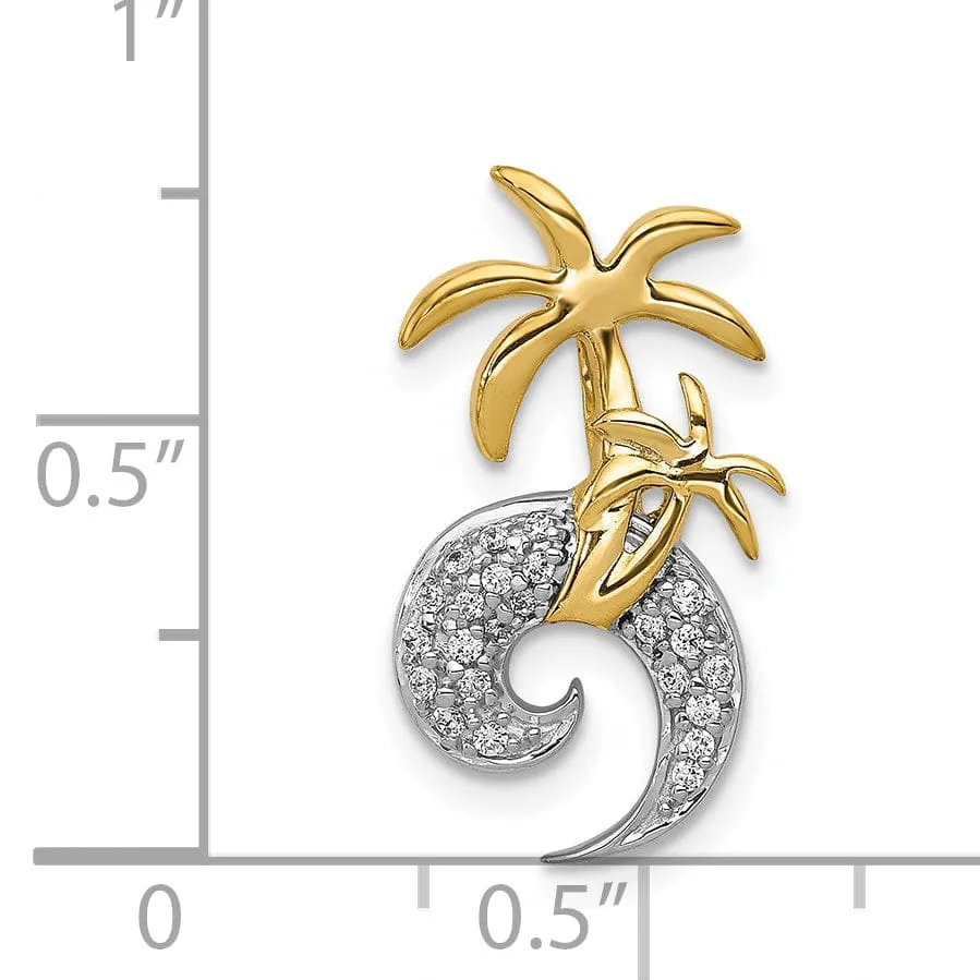 14k Two Tone Gold with Diamonds Concave Shape  Double Palm Tree on Wave Design Chain Slide Pendant will not fit omega