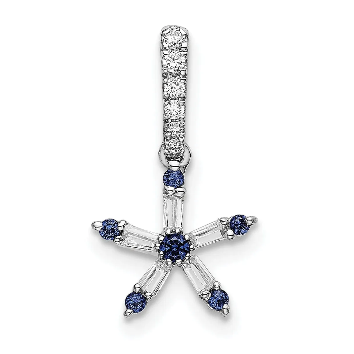 14k White Gold Open Back Polished Finish Blue Sapphire and Diamond Star Charm Pendant