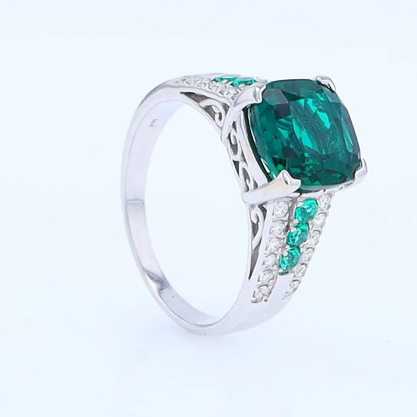 14K White Gold Synthetic Emerald Ring with Diamonds