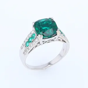 14K White Gold Synthetic Emerald Ring with Diamonds