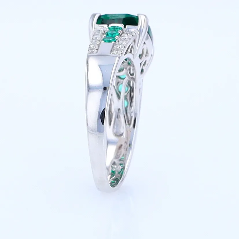 14K White Gold Synthetic Emerald Ring with Diamonds