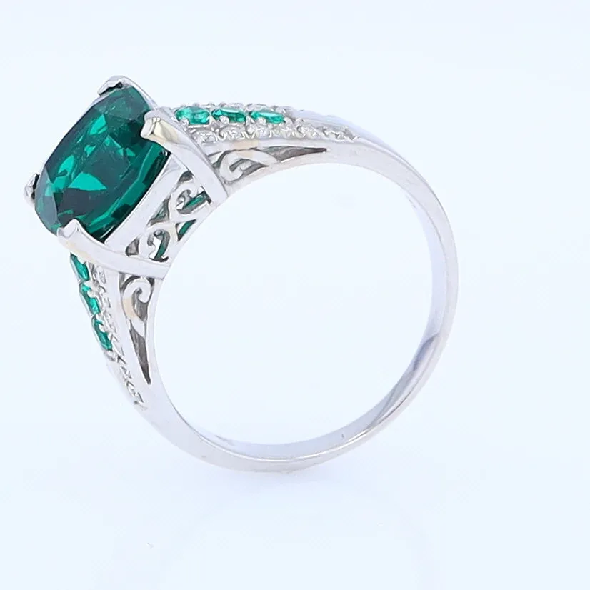 14K White Gold Synthetic Emerald Ring with Diamonds