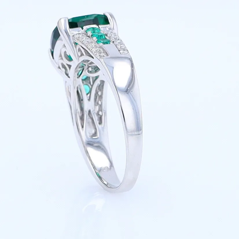 14K White Gold Synthetic Emerald Ring with Diamonds