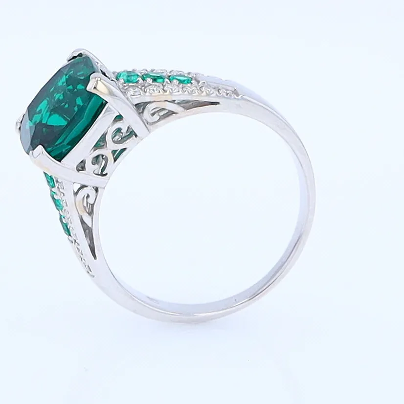 14K White Gold Synthetic Emerald Ring with Diamonds