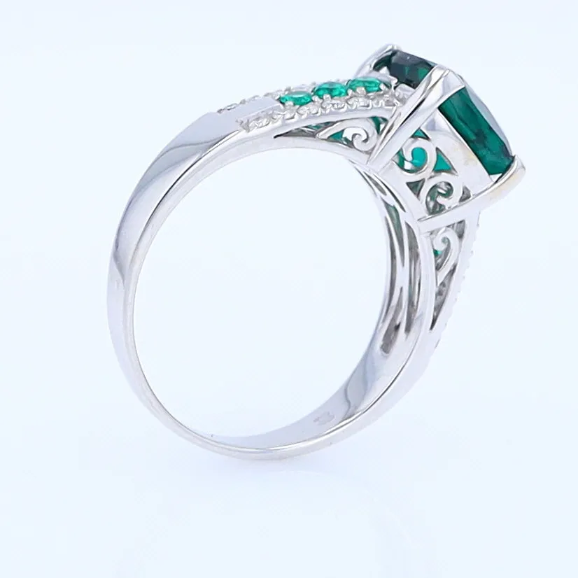 14K White Gold Synthetic Emerald Ring with Diamonds