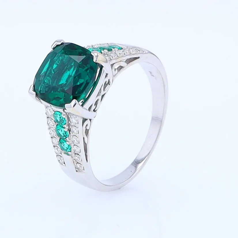 14K White Gold Synthetic Emerald Ring with Diamonds