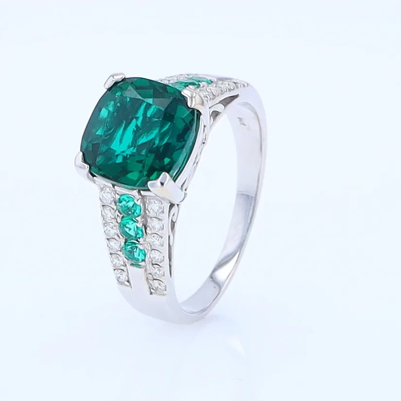 14K White Gold Synthetic Emerald Ring with Diamonds