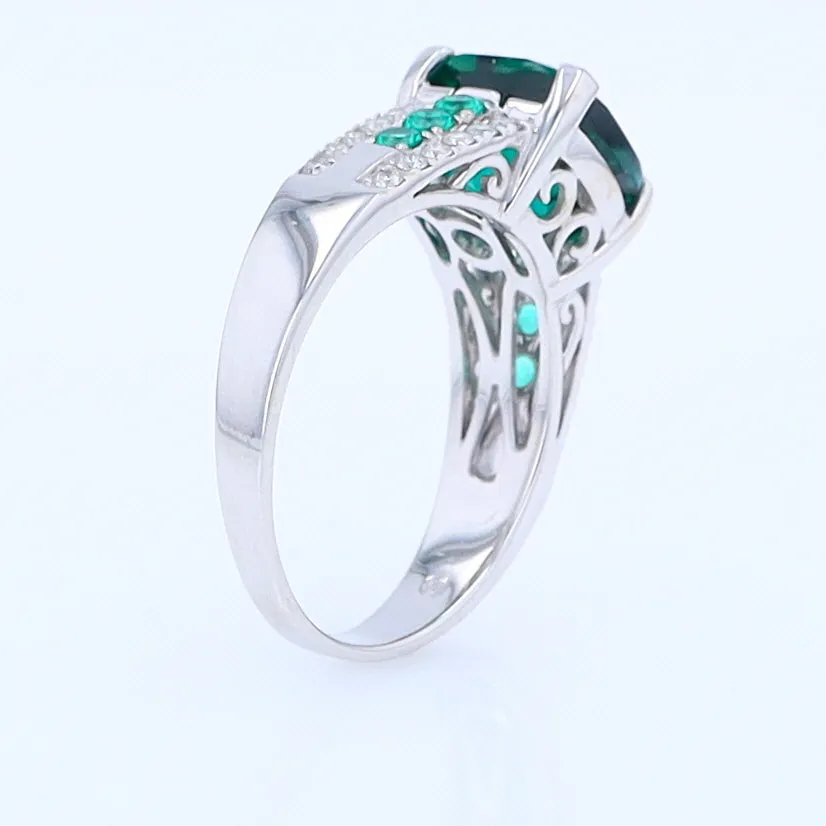 14K White Gold Synthetic Emerald Ring with Diamonds