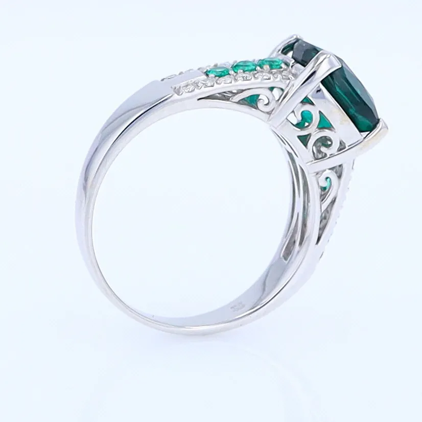 14K White Gold Synthetic Emerald Ring with Diamonds