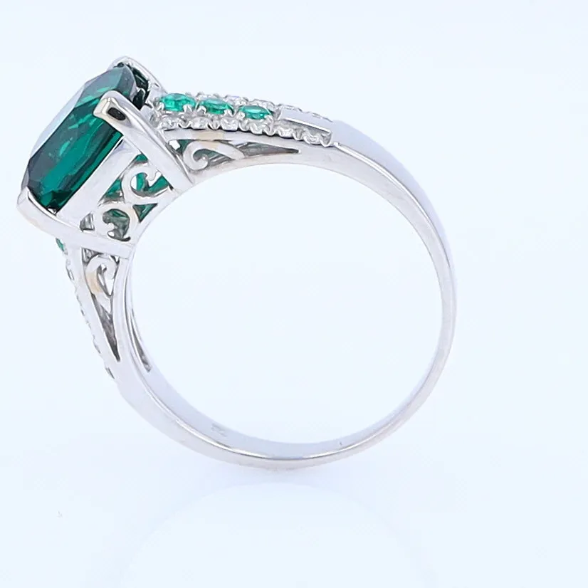 14K White Gold Synthetic Emerald Ring with Diamonds