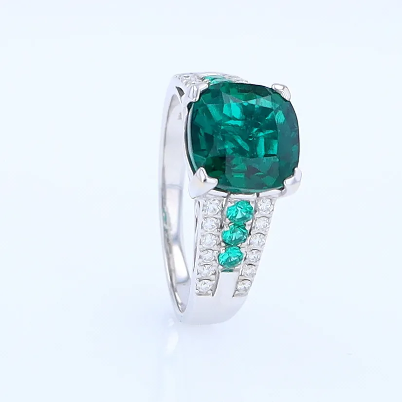 14K White Gold Synthetic Emerald Ring with Diamonds