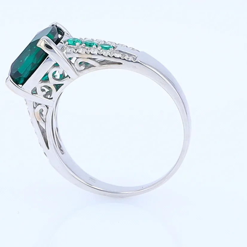 14K White Gold Synthetic Emerald Ring with Diamonds