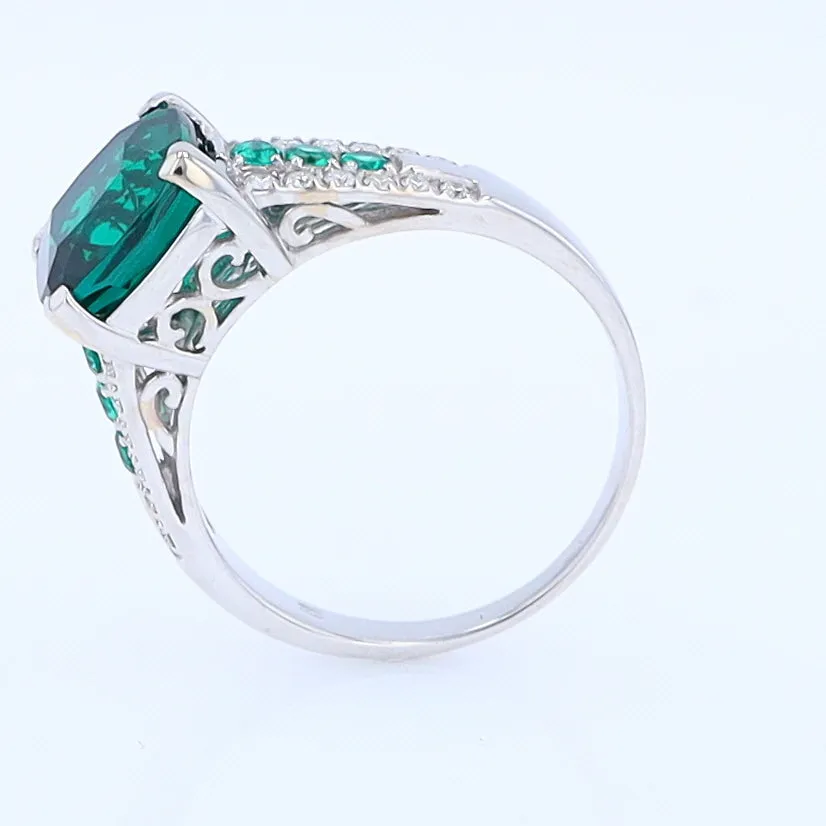 14K White Gold Synthetic Emerald Ring with Diamonds