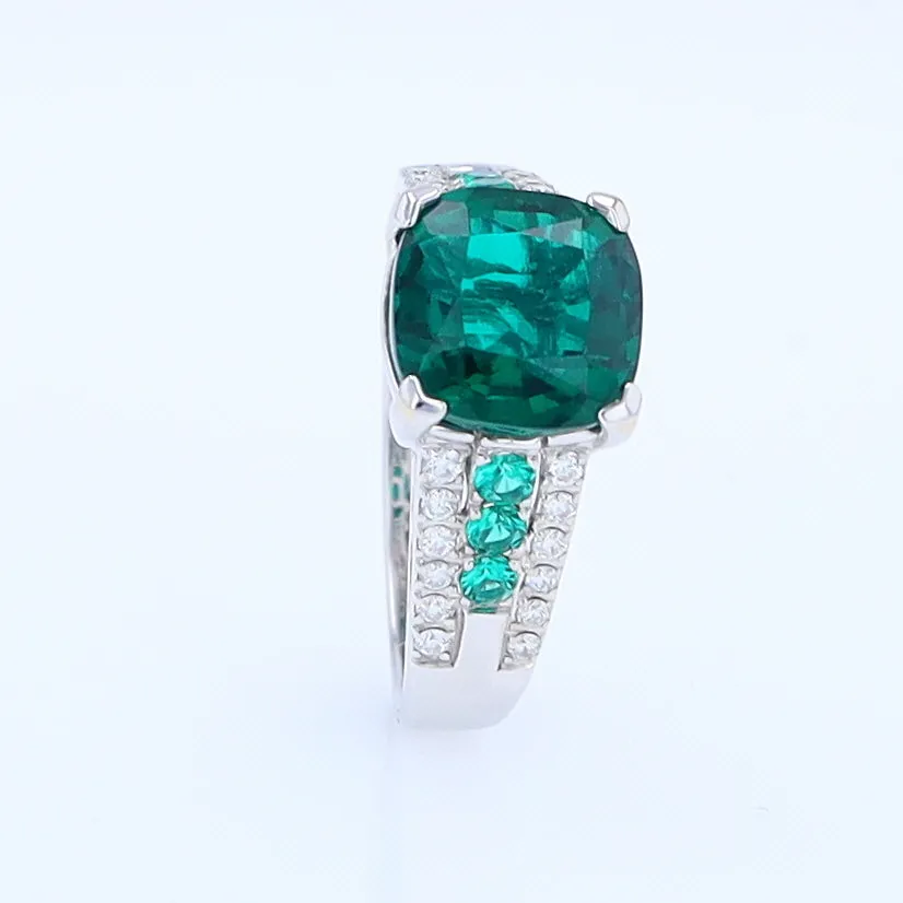 14K White Gold Synthetic Emerald Ring with Diamonds