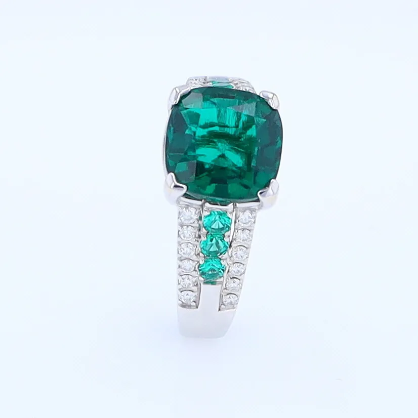 14K White Gold Synthetic Emerald Ring with Diamonds