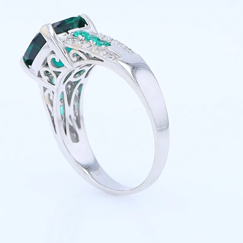 14K White Gold Synthetic Emerald Ring with Diamonds