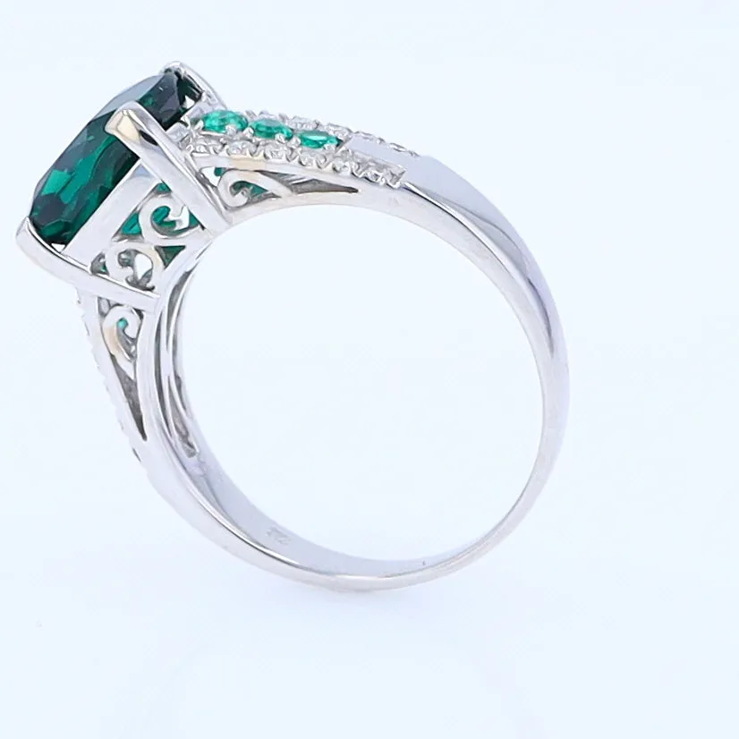 14K White Gold Synthetic Emerald Ring with Diamonds