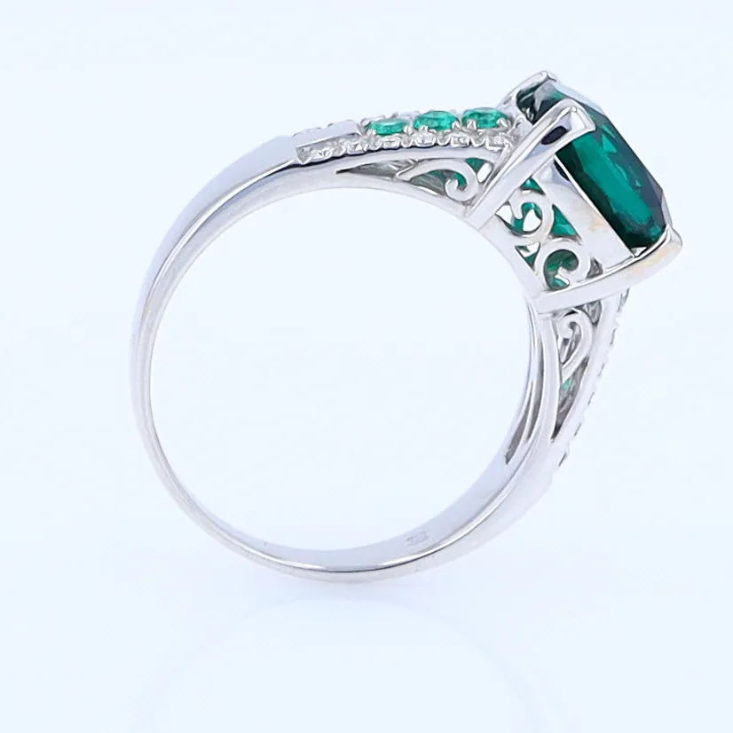 14K White Gold Synthetic Emerald Ring with Diamonds