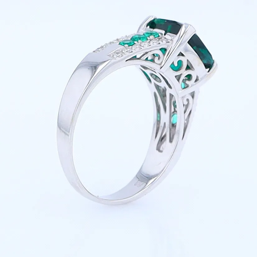 14K White Gold Synthetic Emerald Ring with Diamonds