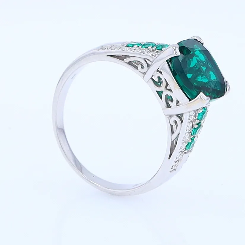 14K White Gold Synthetic Emerald Ring with Diamonds