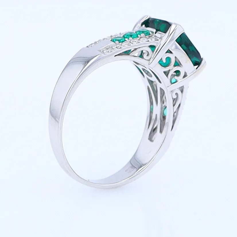 14K White Gold Synthetic Emerald Ring with Diamonds