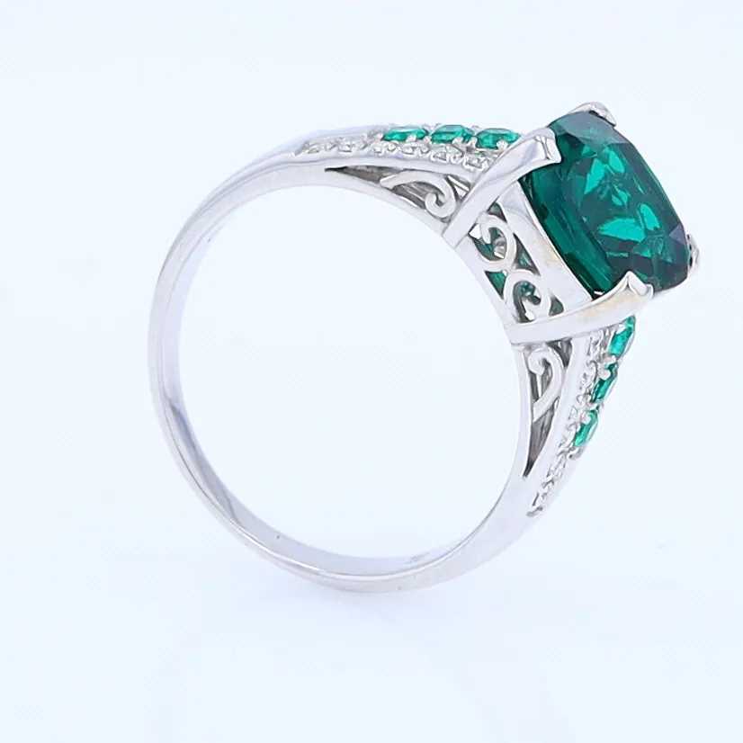 14K White Gold Synthetic Emerald Ring with Diamonds