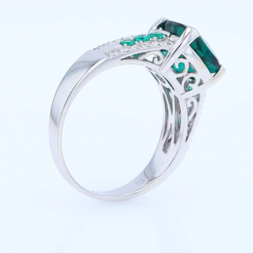 14K White Gold Synthetic Emerald Ring with Diamonds