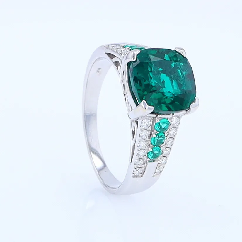 14K White Gold Synthetic Emerald Ring with Diamonds