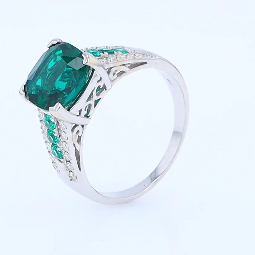 14K White Gold Synthetic Emerald Ring with Diamonds