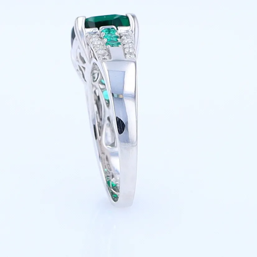 14K White Gold Synthetic Emerald Ring with Diamonds