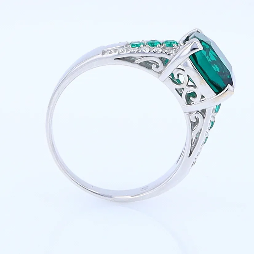 14K White Gold Synthetic Emerald Ring with Diamonds