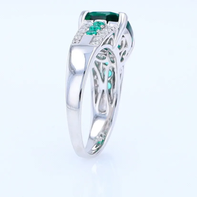 14K White Gold Synthetic Emerald Ring with Diamonds