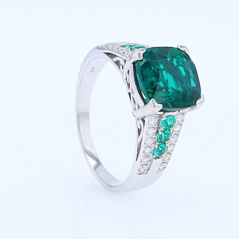 14K White Gold Synthetic Emerald Ring with Diamonds