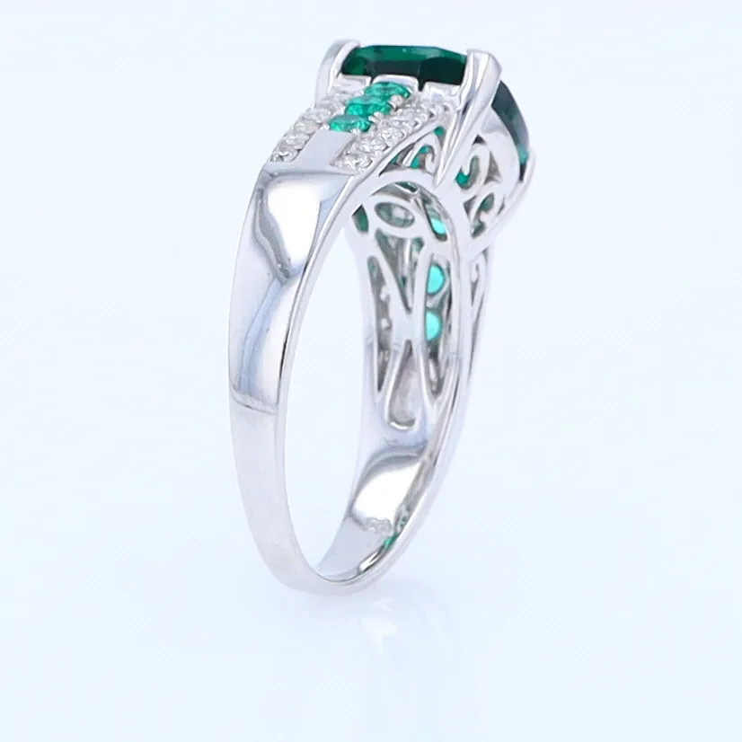 14K White Gold Synthetic Emerald Ring with Diamonds