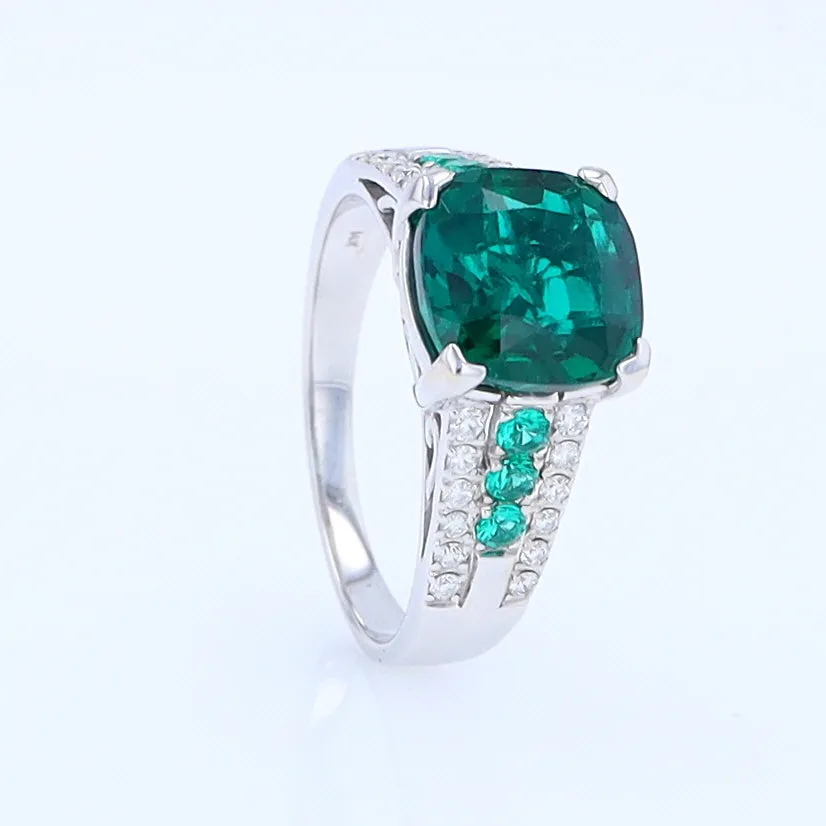 14K White Gold Synthetic Emerald Ring with Diamonds