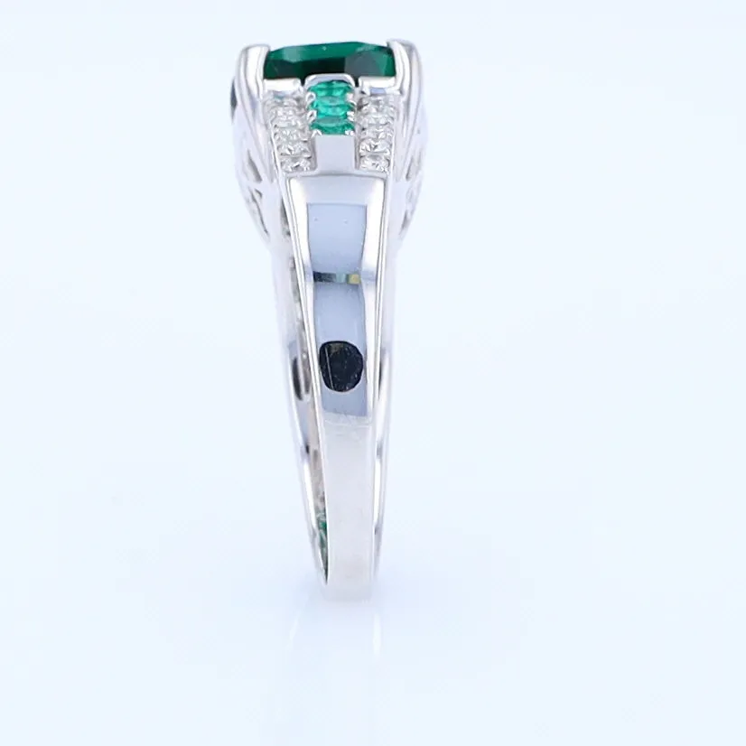 14K White Gold Synthetic Emerald Ring with Diamonds