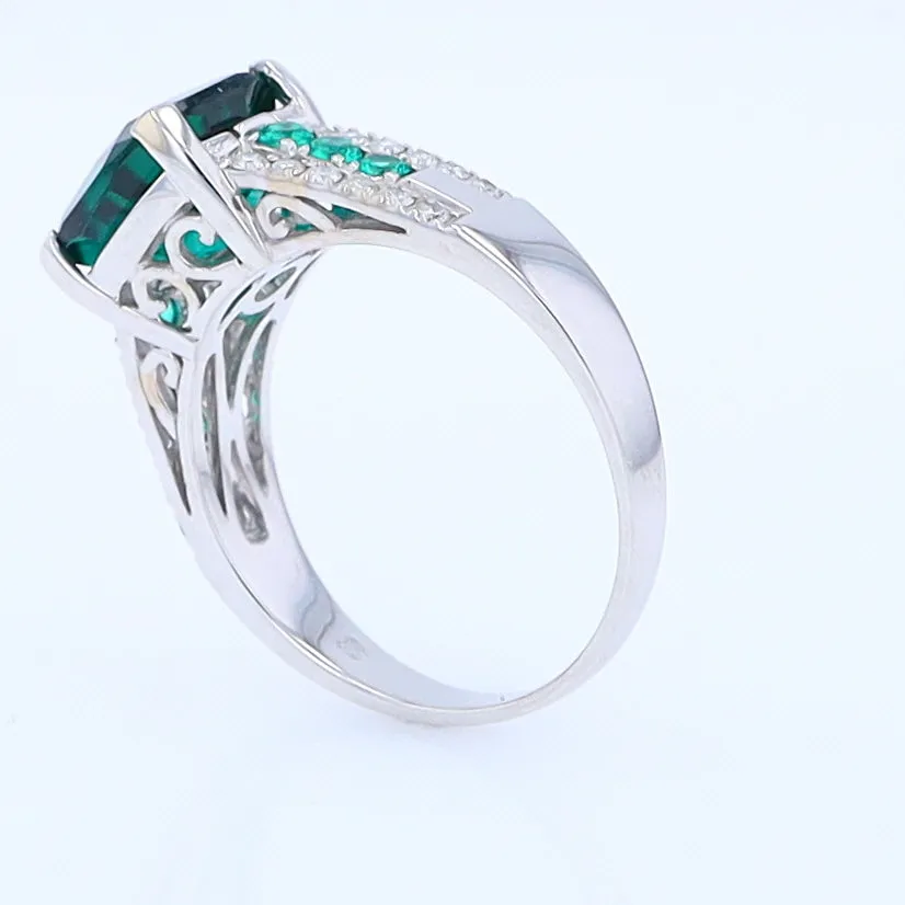 14K White Gold Synthetic Emerald Ring with Diamonds