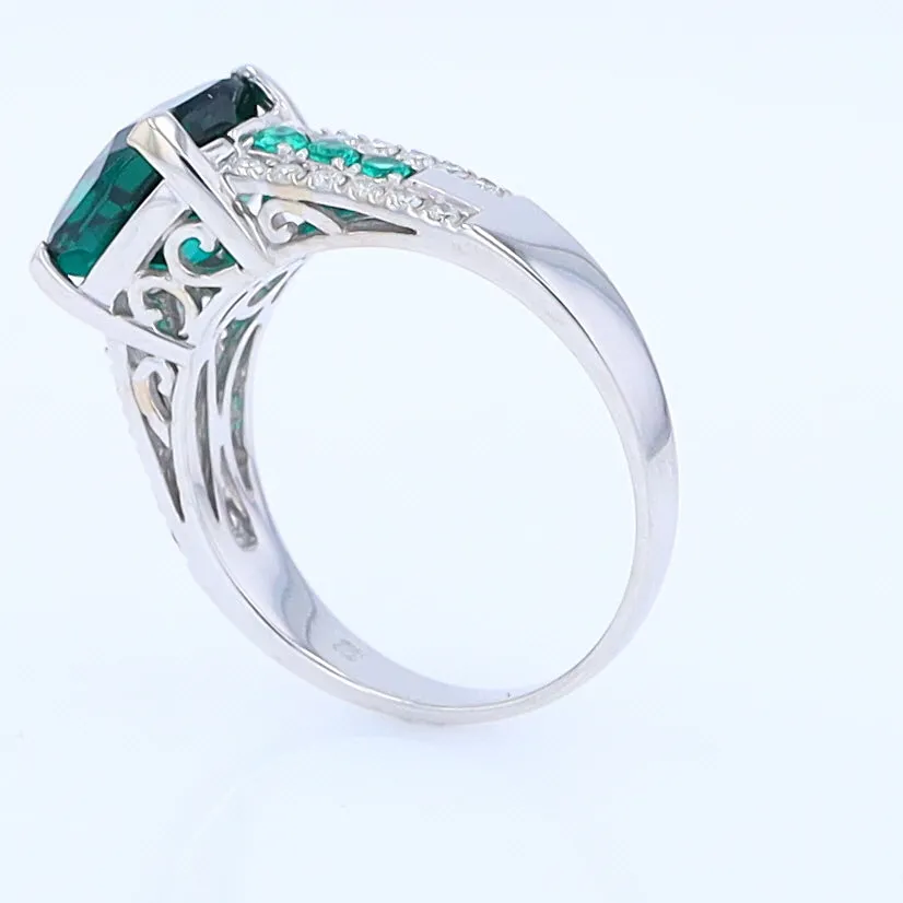 14K White Gold Synthetic Emerald Ring with Diamonds