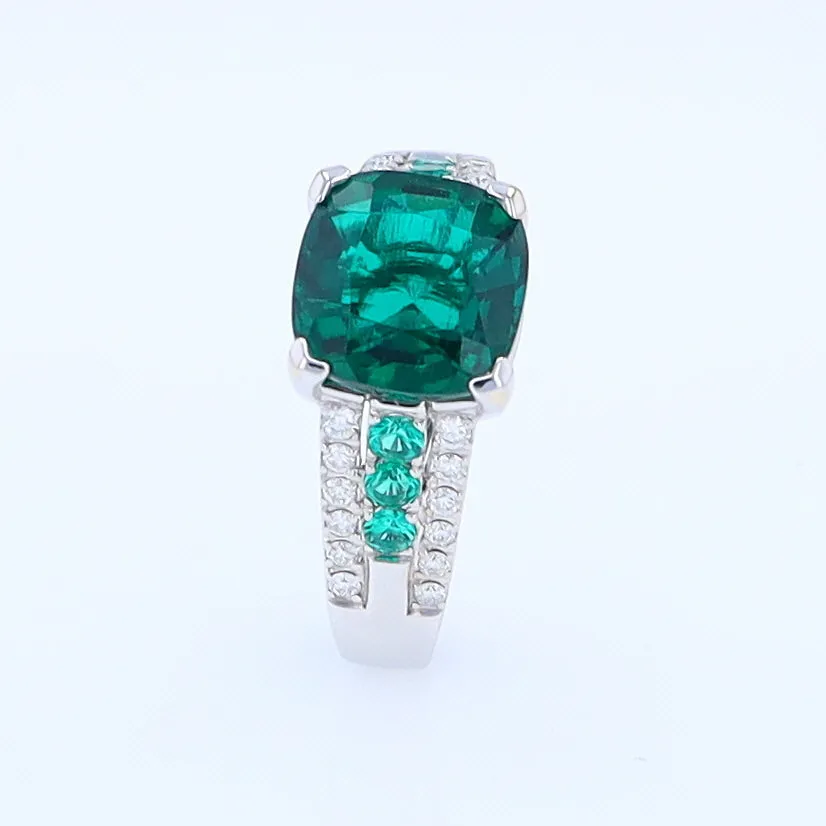 14K White Gold Synthetic Emerald Ring with Diamonds