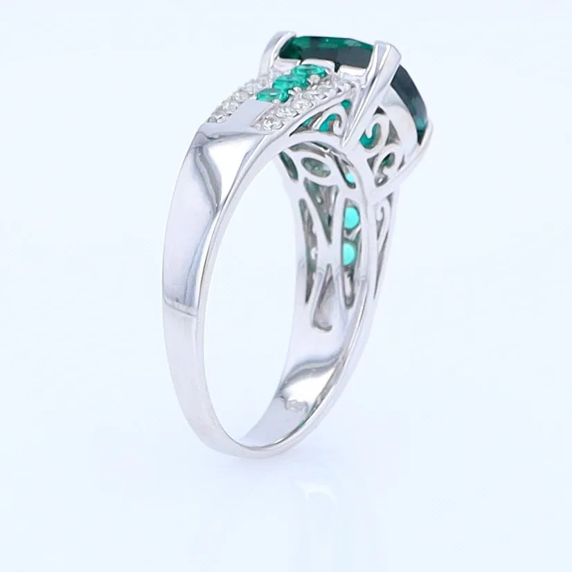 14K White Gold Synthetic Emerald Ring with Diamonds