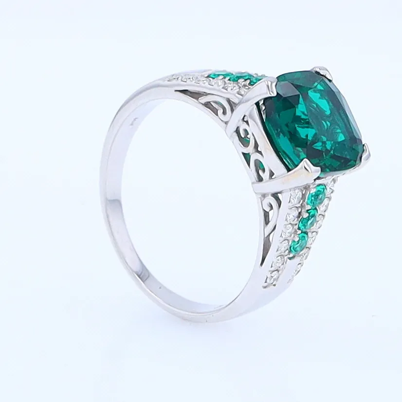 14K White Gold Synthetic Emerald Ring with Diamonds