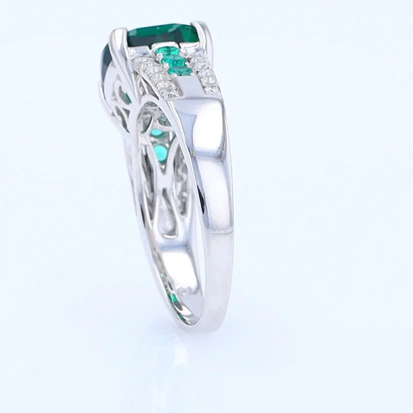 14K White Gold Synthetic Emerald Ring with Diamonds