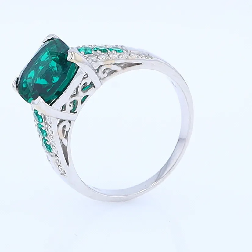 14K White Gold Synthetic Emerald Ring with Diamonds