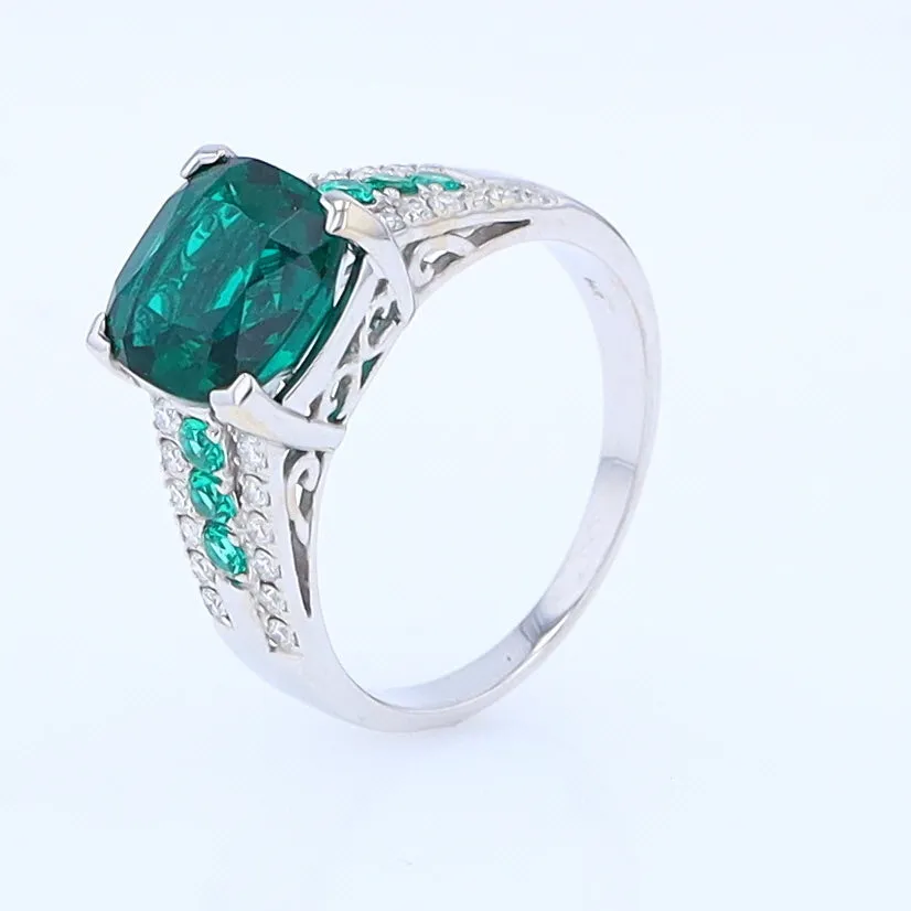 14K White Gold Synthetic Emerald Ring with Diamonds