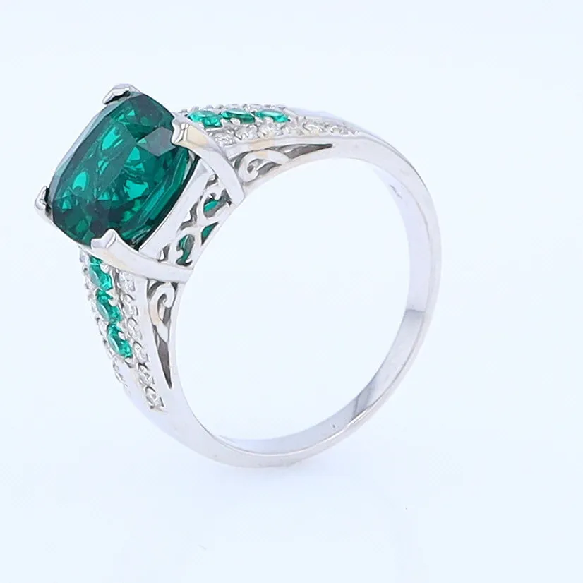 14K White Gold Synthetic Emerald Ring with Diamonds