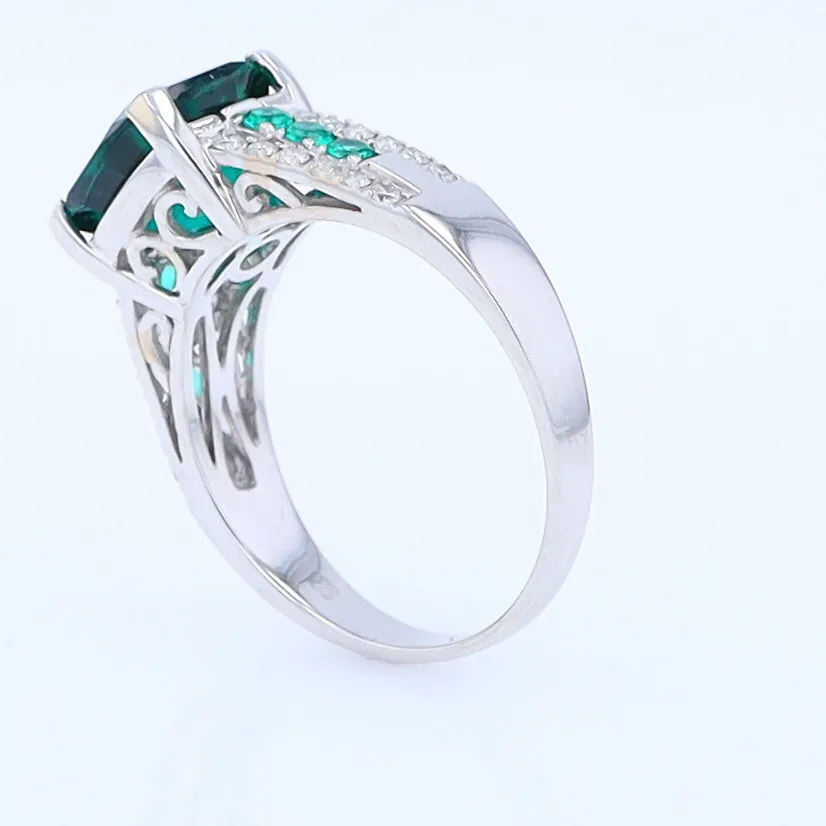 14K White Gold Synthetic Emerald Ring with Diamonds